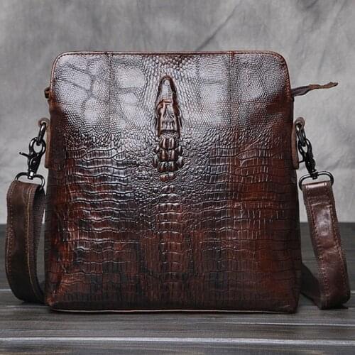 Business Male Bag Crocodile Style Genuine Leather Shoulder Mens Bag Zipper Closed Waterproof Cowskin Casual Messenger Men Bags
