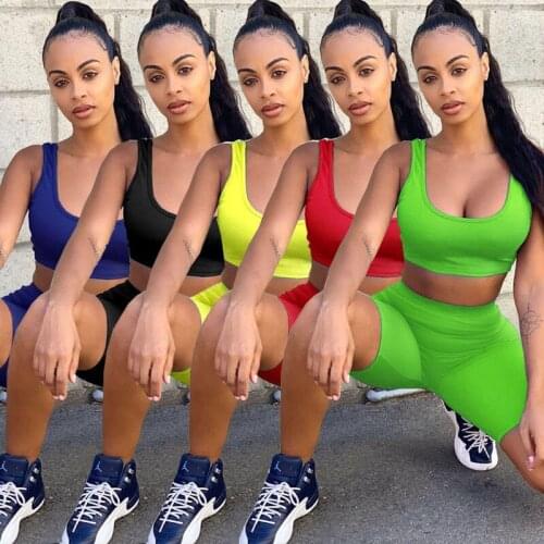 Fitness Women Sportwear Tracksuit Casual Neon Tank Top V Neck Crop Tops Bikers Short Pants Suit Two Piece Set Outfit Jogging Set