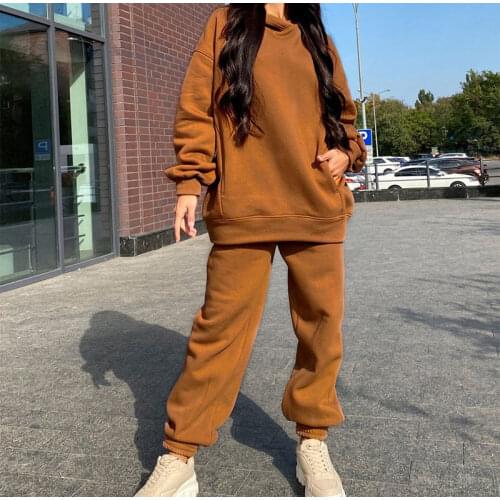 Fleece Womens Sweatshirt Set Hooded Autumn Womens Suit 2 Pcs Pantsuits Womens Tracksuit Plus Size Casual Outsuit Playsuit