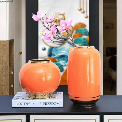 Creative Orange Ceramic Vase Electroplating Round Bottle Flower Arrangement Plant Hydroponic Vase Flower Pot Art Home Decoration