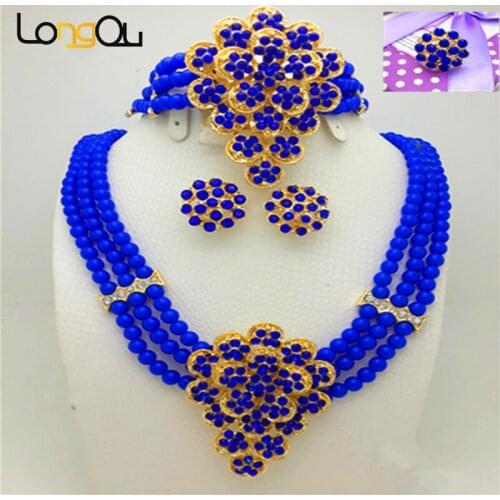 Fashion women Gold-color African Blue Bead Jewelry Set womens wedding jewelry dress bridal accessories earrings necklace ring