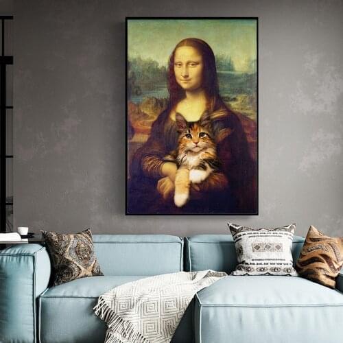 Mona Lisa Holding the Cat Funny Art Canvas Paintings On the Wall Art Posters And Prints Da Vinci Famous Art Pictures Cuadros
