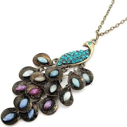 N048 European Fashion Blue Gem Peacock Feather Design Retro Colorful Necklaces & Pendants Sweater Chain Length 70cm=28inch