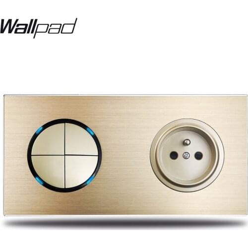 Wallpad L6 Gold 4 Gang Light Switch Blue LED Indicator French Electric Outlet Wall Socket Gold Brushed Aluminum Metal Panel