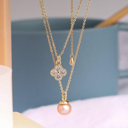 AIYANISHI 18K Gold Filled Natural Freshwater Pearl Necklaces Multi-Layer Charm Necklaces Jewelry Freshwater Pink Pearl Necklaces