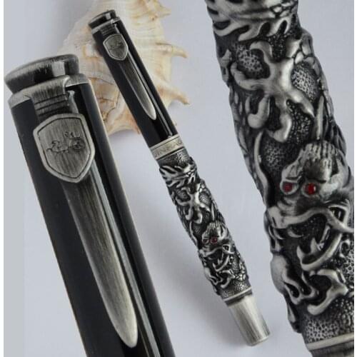 FOUNTAIN PEN FINE NIB NOBLE JINHAO AUSPICIOUS DRAGON EMBOSS ANTIQUE SILVER BRUSH FINISH AND BLACK OFFICE BUSINESS BEST GIFT