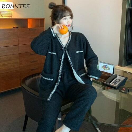 Pajama Sets Women Elegant Fashion Soft Warm Homewear Nighty Chic Design Winter Patchwork Ladies V-Neck Nightwear Thicker Leisure