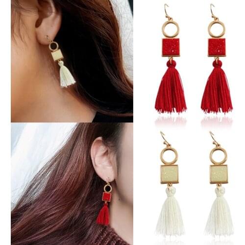 Popular Round Geometry Tassel Drop Earrings Fashion Charm Shine Scrub Stone Earrings Female Bohemian Simple Jewelry