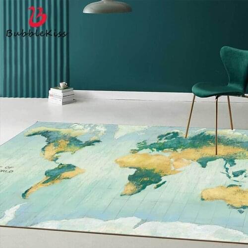 Bubble Kiss Nordic Style Green World Map Pattern Carpets for Living Room Home Non-Slip Bedside Decor Area Rugs Anti-wrinkle Mat