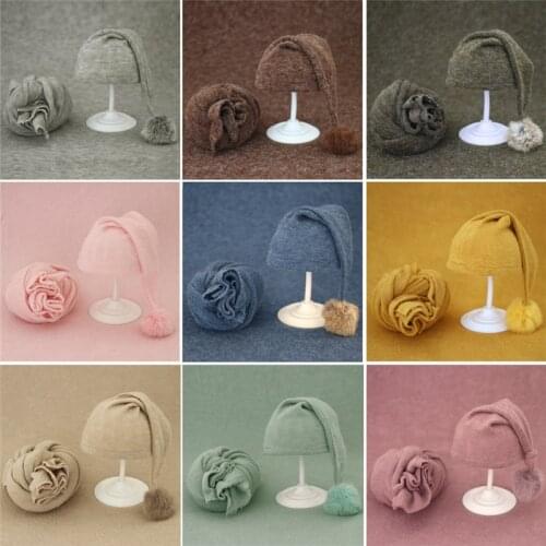 Newborn Photography Props Cotton Long Tail Hat Swaddle Set Stretch Baby Photography Wraps Blanket Studio Shooting Accessories