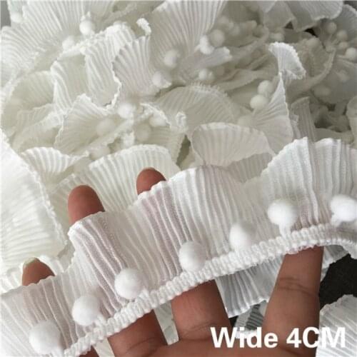4CM Wide White 3D Pleated Chiffon Elastic Lace Pompom Ruffle Trim Ribbon Dress Clothing Headwear DIY Sewing Guipure Supplies