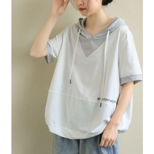 Summer New Korea Fashion Women Short Sleeve Loose T-shirt Patchwork Hooded Casual Tee Shirt Femme Cotton Tops Plus Size M459