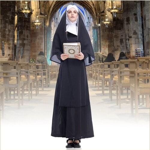 Sexy nun women cosplay costume Adult cosplay dress with black hood of Halloween sister cosplay party costume Virgin Mary cosplay