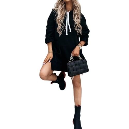IMCUTE Street Fashion Hooded Drawstring Sweater Womens Loose Casual Long Sleeve Pullover Side Slit Mid-length Sweater Dress