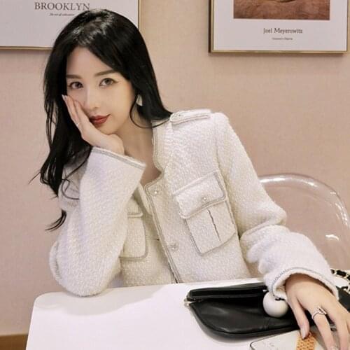 2021 Fall New Female Small Fragrance Cardigan Rhinestone Single-breasted Tweed Elegant Lady Temperament Thin Stand-up Collar Top