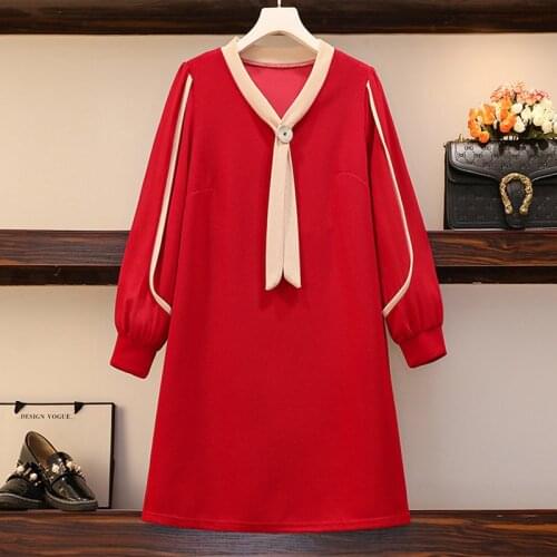 5XL plus size women elegant Office bow short dress autumn winter 2021 long sleeve v neck button loose mini dresses vestido
