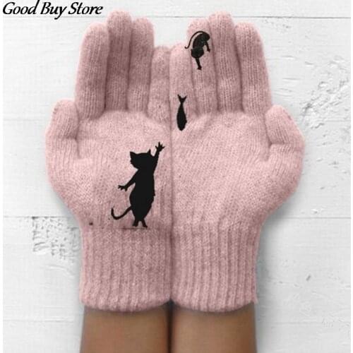 Winter Warm Cold Cashmere Gloves Thick Cartoon Cat Print Wool Knitted Full Finger Gloves Men Women Soft Knitwear Mittens Fashion