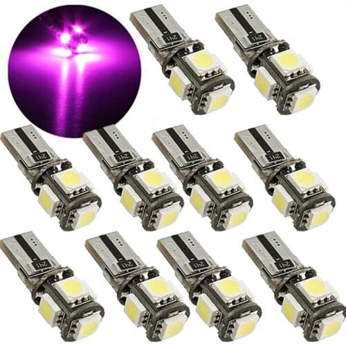 10Pcs Purple T10 W5W 5050 5SMD LED Canbus Error Free Bulbs For 192 168 194 Clearance Lamps License Plate Lights 12V