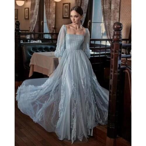 2021 Sky Blue Fashion Sequined Sexy Mesh Appliques Long Sleeve Women Formal Dress Wedding Celebrity Party Maxi Vestidos LF313