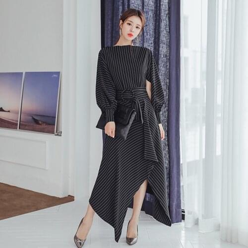 2021 New Spring Elegant Women Lantern Sleeve Striped Vestidos Business Party Office Lady Fashion Slim Irregular A Line Dresses