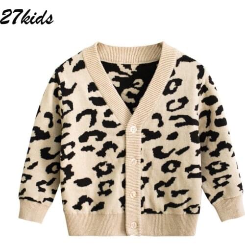 27kids Boys Baby Leopard Knitted Vintage Sweater Boy Kids Winter Cartoon Warm Childrens V Neck Sweaters Pullovers 2-9 years
