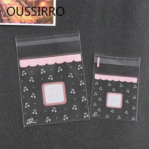 7*7cm 10*10cm 100Pcs Pink Cherry Candy Cookies Bag Plastic Gift Bag Christmas Party Favor Biscuit Self Adhesive Packaging Bag