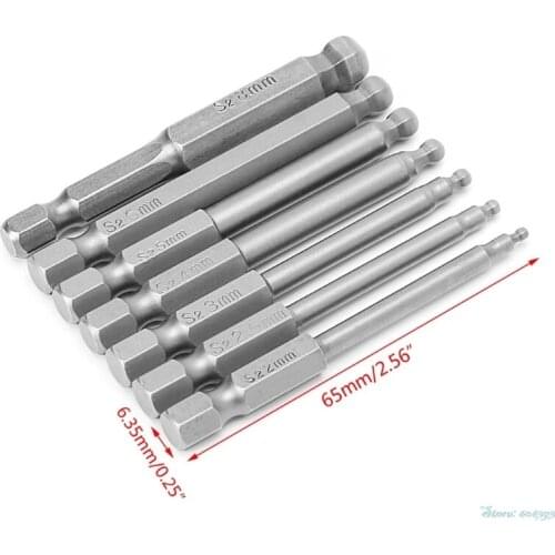 7Pcs/Set 65mm Magnetic Ball End Hexagon Head Hex Screwdriver Bits Drill Tools 2.5