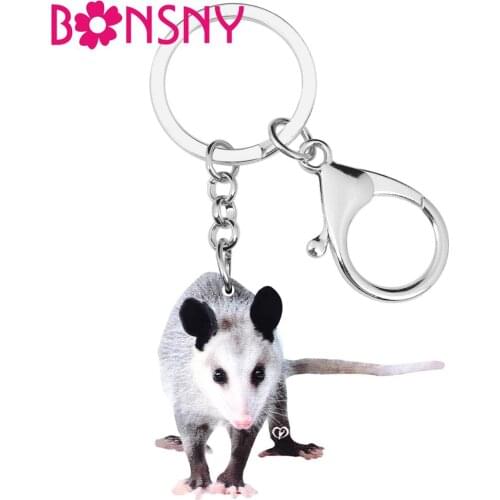 Bonsny Acrylic Gray Opossum Keychains Long Lovely Animal Keyring Jewelry For Women Kids Girls Trendy Gift Car Wallet Accessories