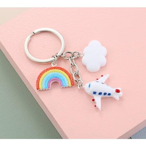 Lovely Aviation Keychain Resin Key Ring Rainbow Airplane Cloud Hot Air Balloon Key Chain Girl Teens Gifts DIY Jewelry Handmade
