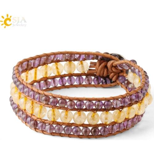 CSJA Natural Stone Beaded Bracelets Leather Wrap Bracelet for Women 4mm Purple Crystal Gem Beads Bohemian Handmade Jewelry S555