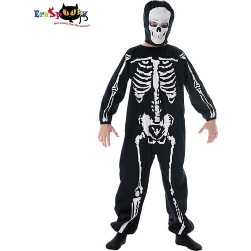 Eraspooky Halloween Costume For Kids Skeleton Bone Jumpsuit Cosplay Boys Scary Skull Mask Day of The Dead Party Fancy Dress