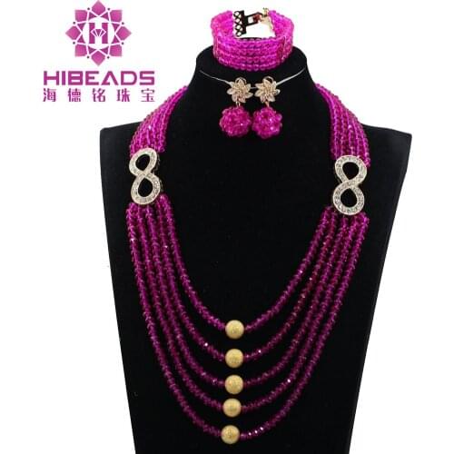Fuchsia New Nigerian African Wedding Earrings Necklace Bracelet Crystal Beads Jewelry Accessory Free Shipping Rhinestone ANJ387