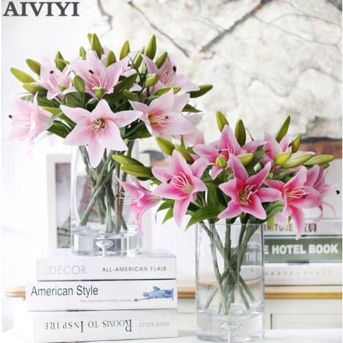 3 heads real touch PVC artificial lily silk decorative flower for wedding decoration gift fresh style desk ornaments fake flower