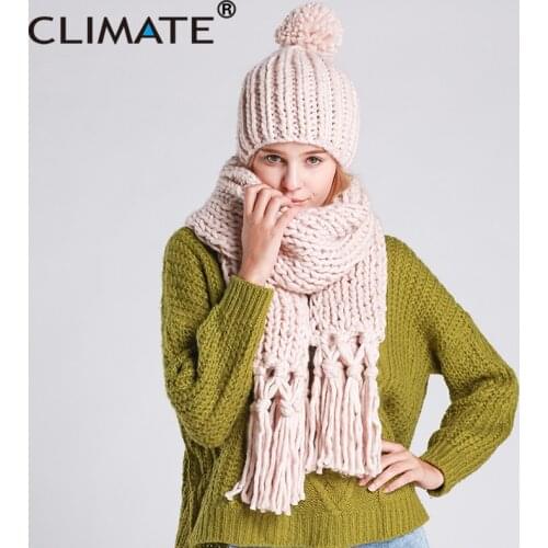 CLIMATE Women Winter Scarf And Hat Set Winter Girls Lady Warm Knit Pompom Beanie Bonnet Hat Scarf Set Hat And Scarf Winter Set