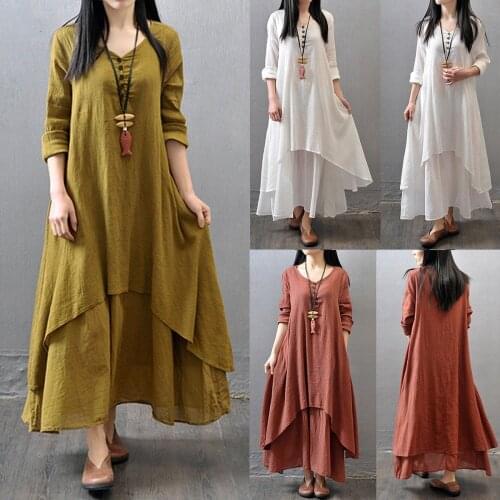 Summer Fashion Sexy Women Boho Cotton Linen Long Sleeve Maxi Dress Causal Half Sleeve Peasant Ethnic Dress