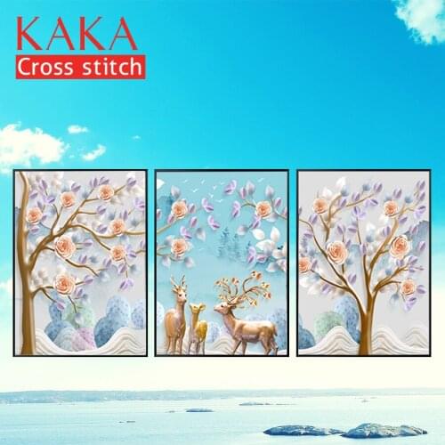 KAKA Cross stitch kits,5D Triplets Cartoon Elks,Embroidery needlework sets with printed pattern,11CT canvas,Home Decor Painting