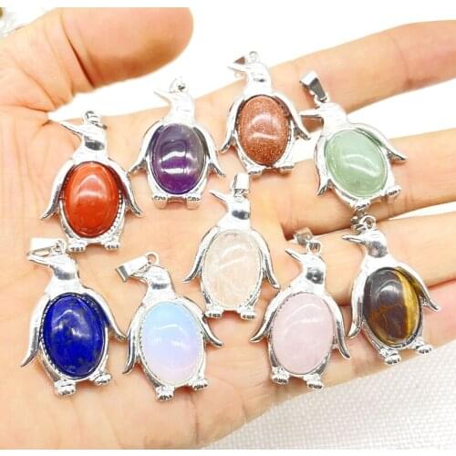 Natural Gem Stone Quartz Crystal Tiger Eye Opal Amethyst Mix Animal Penguin Archaize Silver Pendant Jewelry Making 10pcs