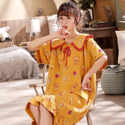 New Summer Sleep Dress Women Cotton Cartoon Cute Pajamas Girls Short Sleeve Nightgowns Long Dresses Plus Size Nightwear M-3XL