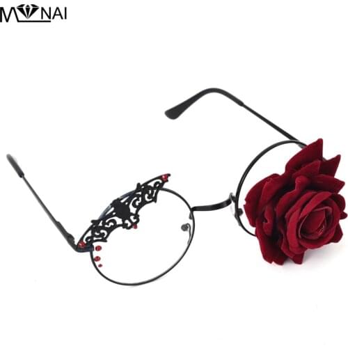 Retro Women Round Rose Steampunk Glasses Frame Ladies Lolita Harajuku Style Bat Decoration Eyewear