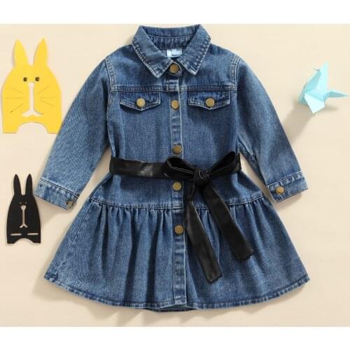 Fall Aiti,m Toddler Kids Baby Girls Denim Dress Long Sleeve Lapel Button Pocket Drawstrings Party Dresses Childrens Clothing