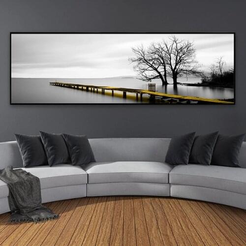Calm Lake Surface Long Bridge Posters and Prints Yellow Black and White abstract Canvas Wall Art Paintings Pictures Home Decor