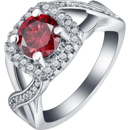 Luxurious silver color red CZ simulated Gem crystal wedding engagement rings for women bridal anniversary gift