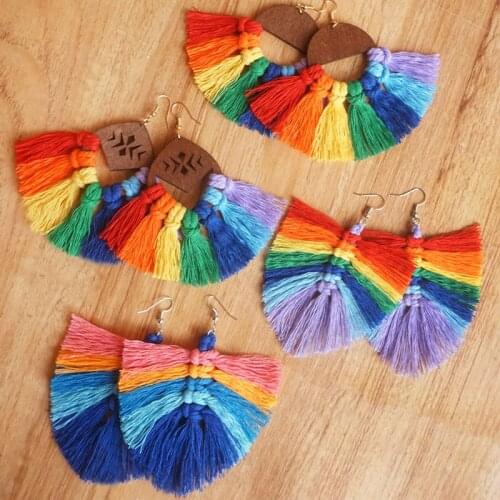 Gift Rainbow Color Trendy Drop Earring Bohemian Jewelry Tassels Geometric Handmade Weaving Macrame Earrings for Wedding Party