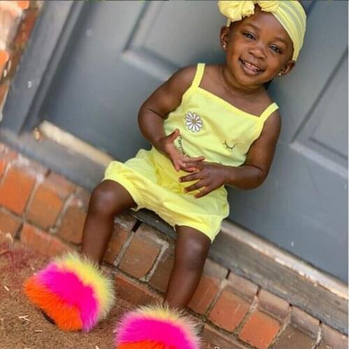 Baby Fox Fur Slides Fluffy Raccoon Fur Slippers Rainbow Plush Slides Toddler Soft Indoor Slippers Child Sandals Cute Home Shoes