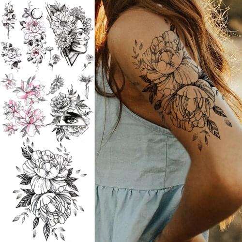 Custom Peony Floral Temporary Tattoos For Women Adult Realistic Eyes Moon Flower Fake Tattoo Sticker Arm Big Waterproof Tatoos