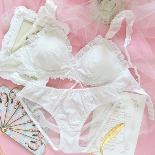 Japanese underwear female no steel ring summer thin style girl retro cotton embroidery flower triangle cup bra set