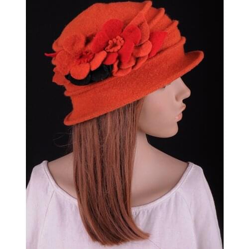 M548 Orange Elegant Wool Acrylic Cute 2-Tone Flower Wrinkle Womens Winter Hat Beanie Cloche Cap