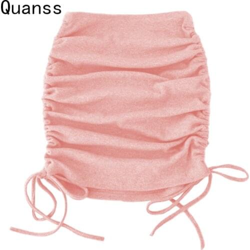 Quanss Spring Summer Side Drawstring High Waist Knitted Skirt Women 2021 Fashion Folds Bodycon Sexy Streetwear Club Mini Skirts
