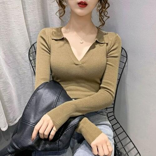 Sexy Polo Collar Knitted Bottoming Shirt Women 2021 New Style V-neck Sweater Pullover Slim Long-sleeved Top