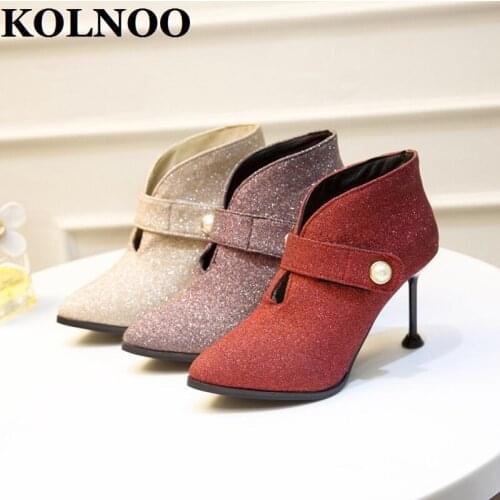 KOLNOO New Style Ladies Handmade High Heels Boots Nubuck Leather Mary Janes Sexy Evening Party Prom Ankle Booties Fashion Shoes